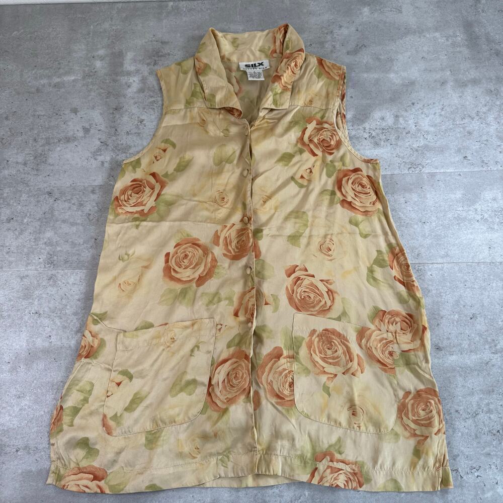 Vintage‎ silk sleeveless button up top rose floral pattern size small